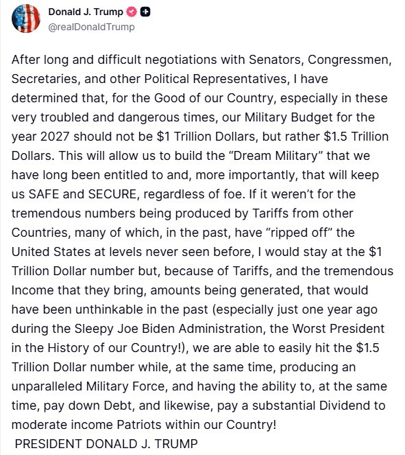 ABD Başkanı Trump: "2027 savunma bütçemizin 1 buçuk trilyon dolar olması gerektiğine karar verdim"
ABD Başkanı Trump: "2027 savunma bütçemizin 1 buçuk trilyon dolar olması gerektiğine karar verdim"