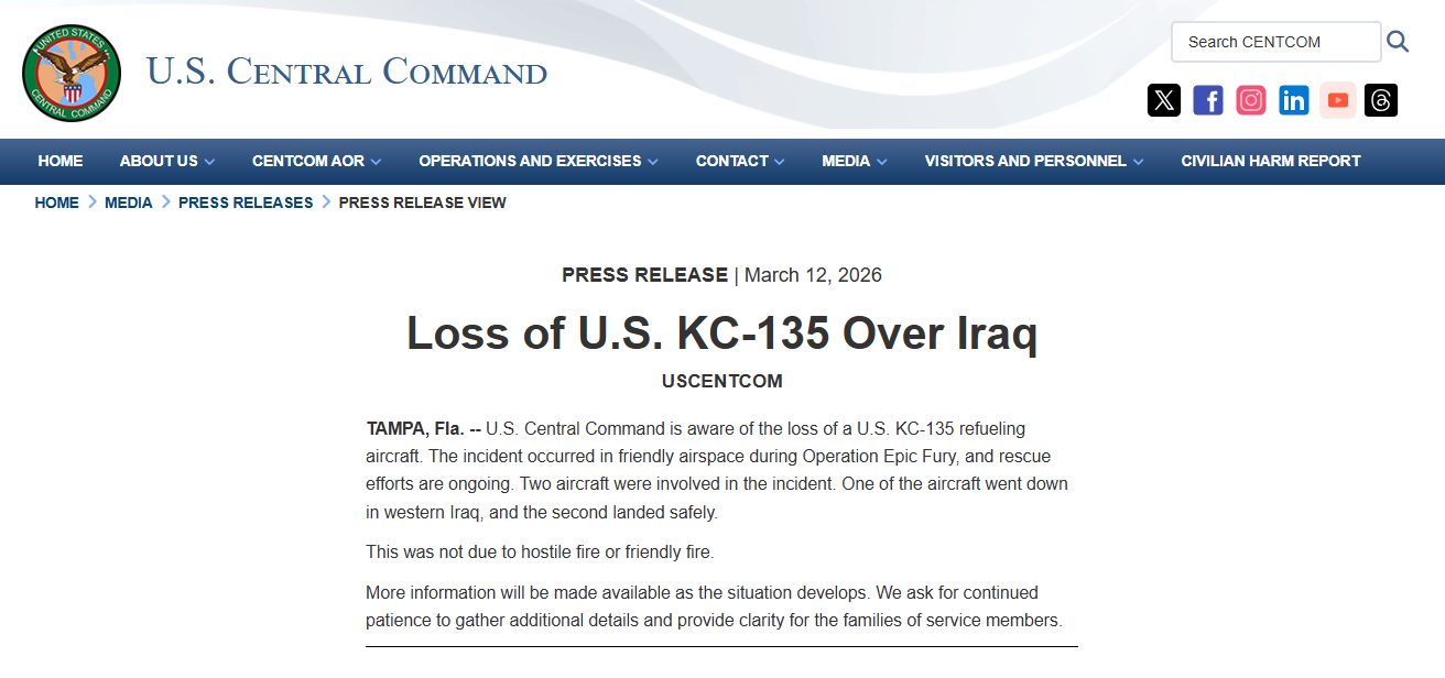 ABD ordusu, KC-135 tipi yakıt ikmal uçağının Irak’ta düştüğünü açıkladı
