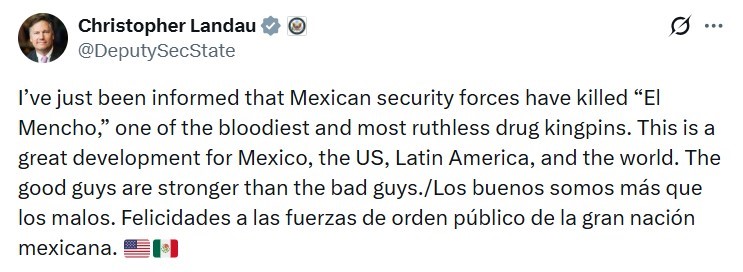 ABD’den Meksika’daki kartel operasyonu hakkında açıklama: "El Mencho’nun öldürülmesi harika bir gelişme"
ABD’den Meksika’daki kartel operasyonu hakkında açıklama: "El Mencho’nun öldürülmesi harika bir gelişme"