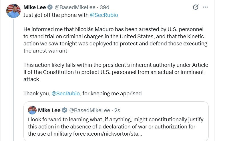 ABD’li Senatör Lee: "Dışişleri Bakanı Rubio, Maduro’nun ABD’de yargılanmak üzere tutuklandığını bildirdi"
