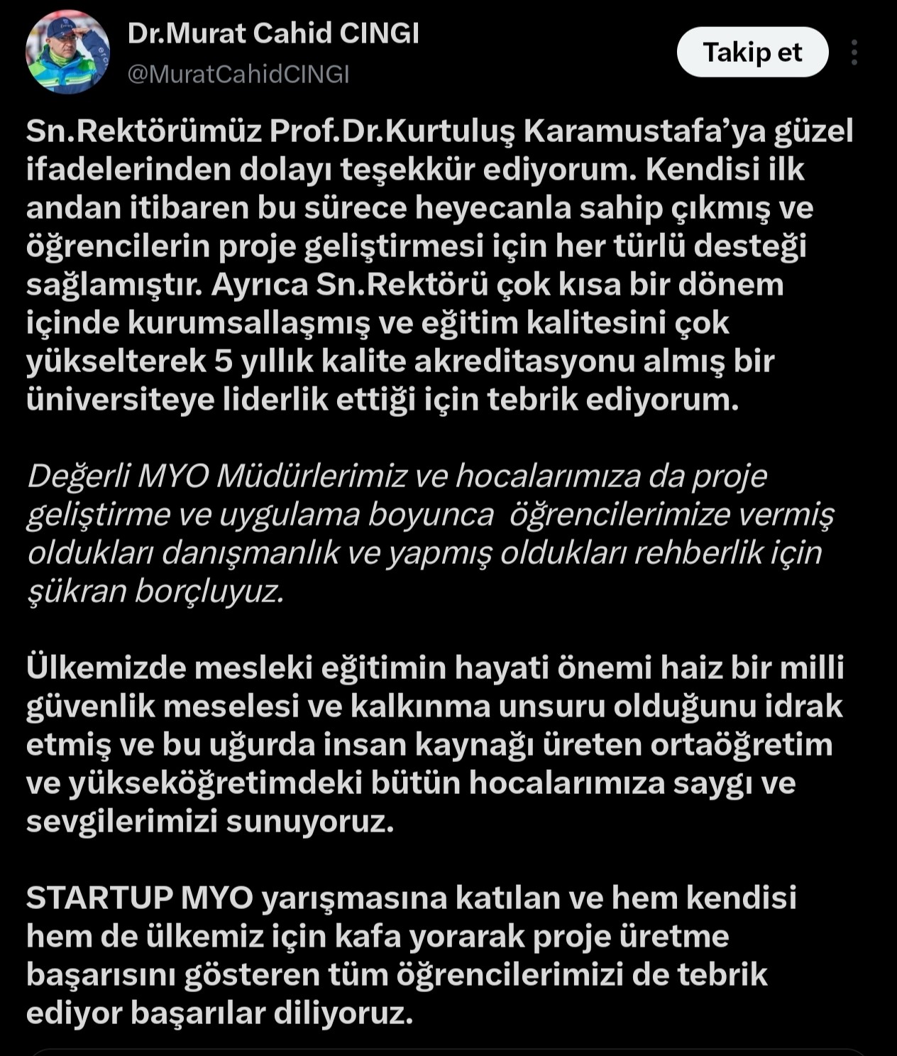 AK Partili Cıngı’dan KAYÜ yönetimi ve öğrencilerine Start-Up teşekkürü
