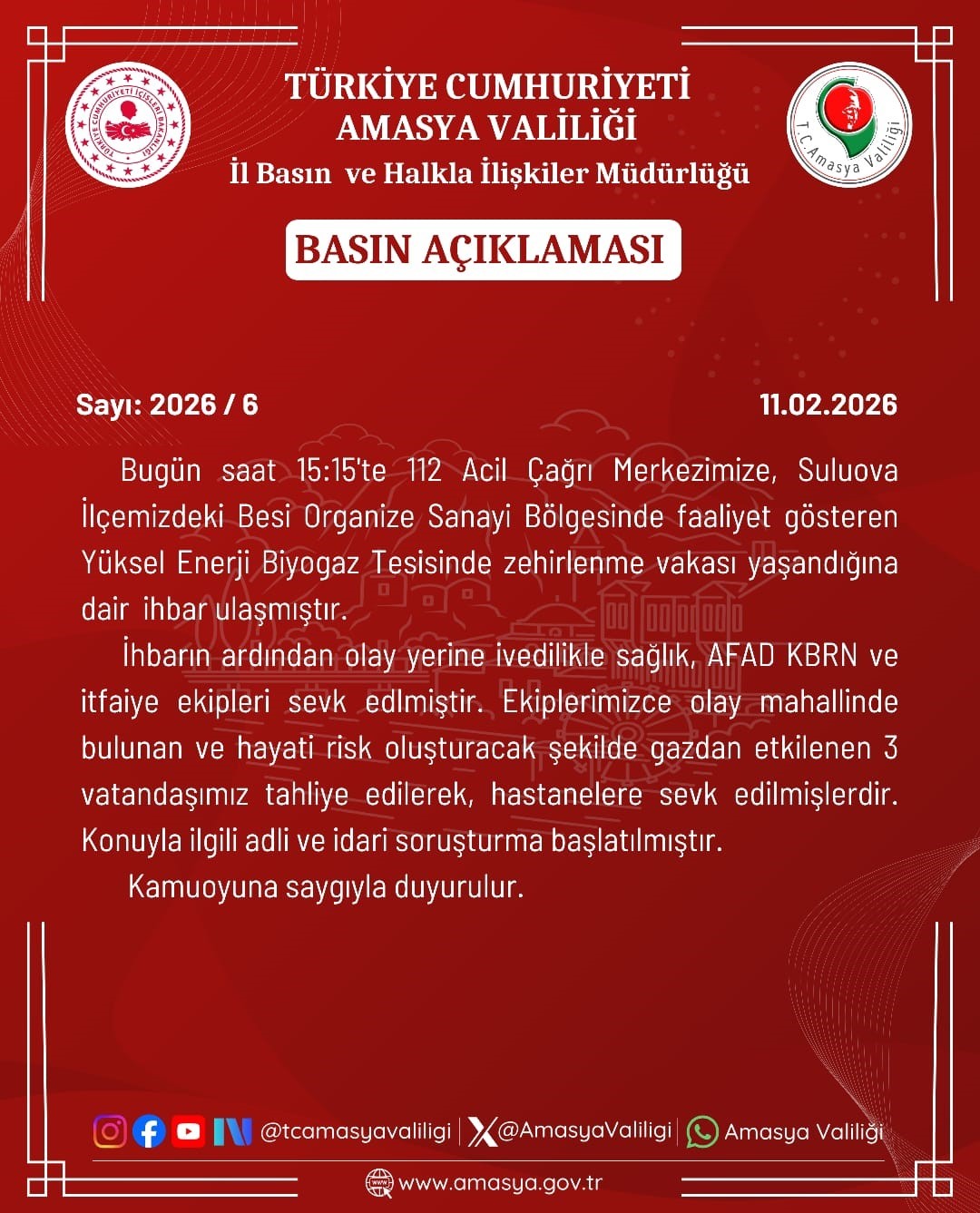 Amasya’da biyogaz tesisinde 3 işçi zehirlendi
