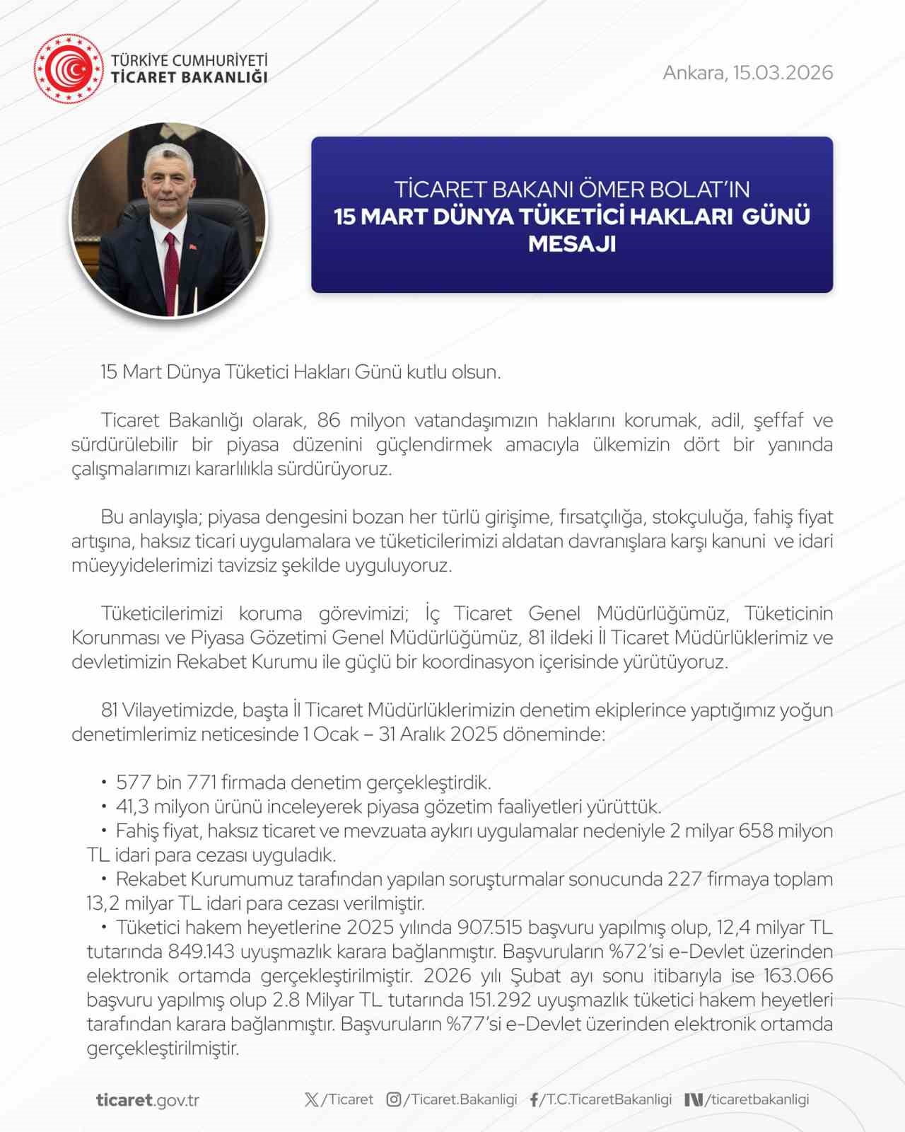 Bakan Bolat’tan Dünya Tüketici Hakları Günü mesajı
