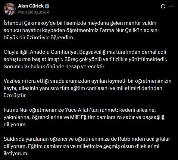 Bakan Gürlek: "(Öğretmen Fatma Nur Çelik) Olayla ilgili derhal adli soruşturma başlatılmıştır"
