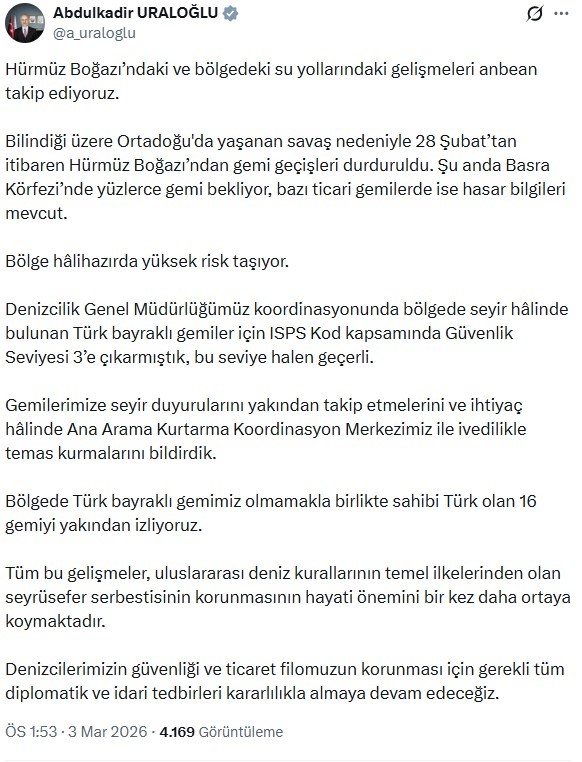 Bakan Uraloğlu: "Hürmüz Boğazı’ndaki ve bölgedeki su yollarındaki gelişmeleri anbean takip ediyoruz"
Bakan Uraloğlu: "Hürmüz Boğazı’ndaki ve bölgedeki su yollarındaki gelişmeleri anbean takip ediyoruz"