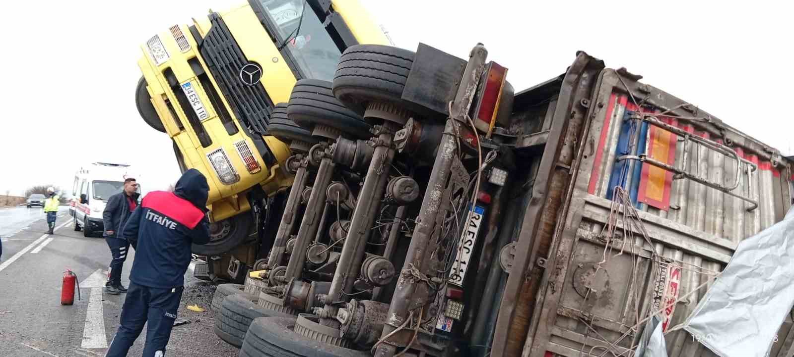 Balık yemi yüklü tır devrildi
