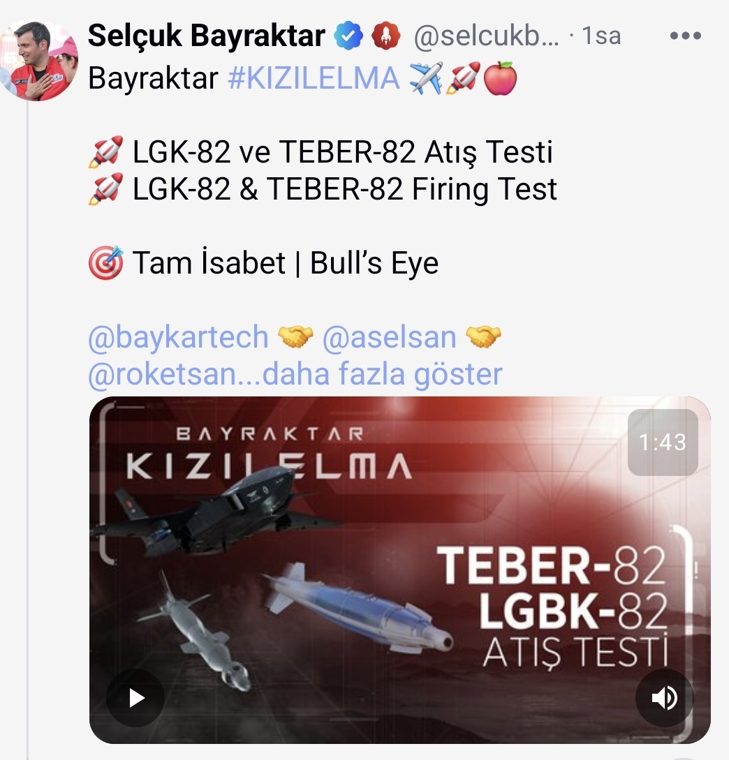 Bayraktar KIZILELMA LGK-82 ve TEBER-82 mühimmatlarıyla hedefi tam isabetle vurdu
