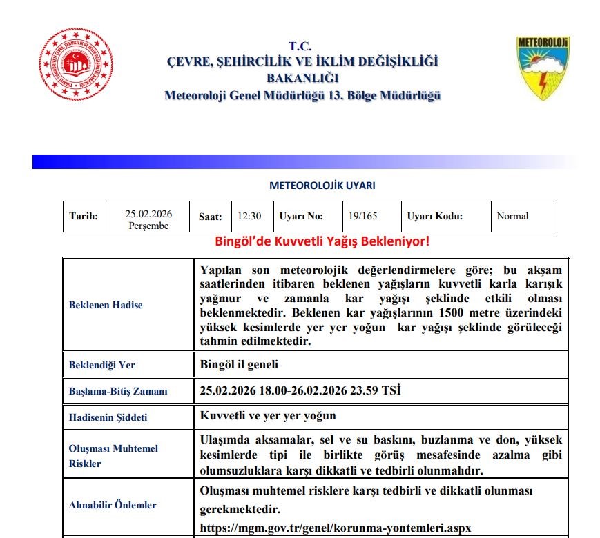 Bingöl için ‘Kuvvetli Yağış’ uyarısı
