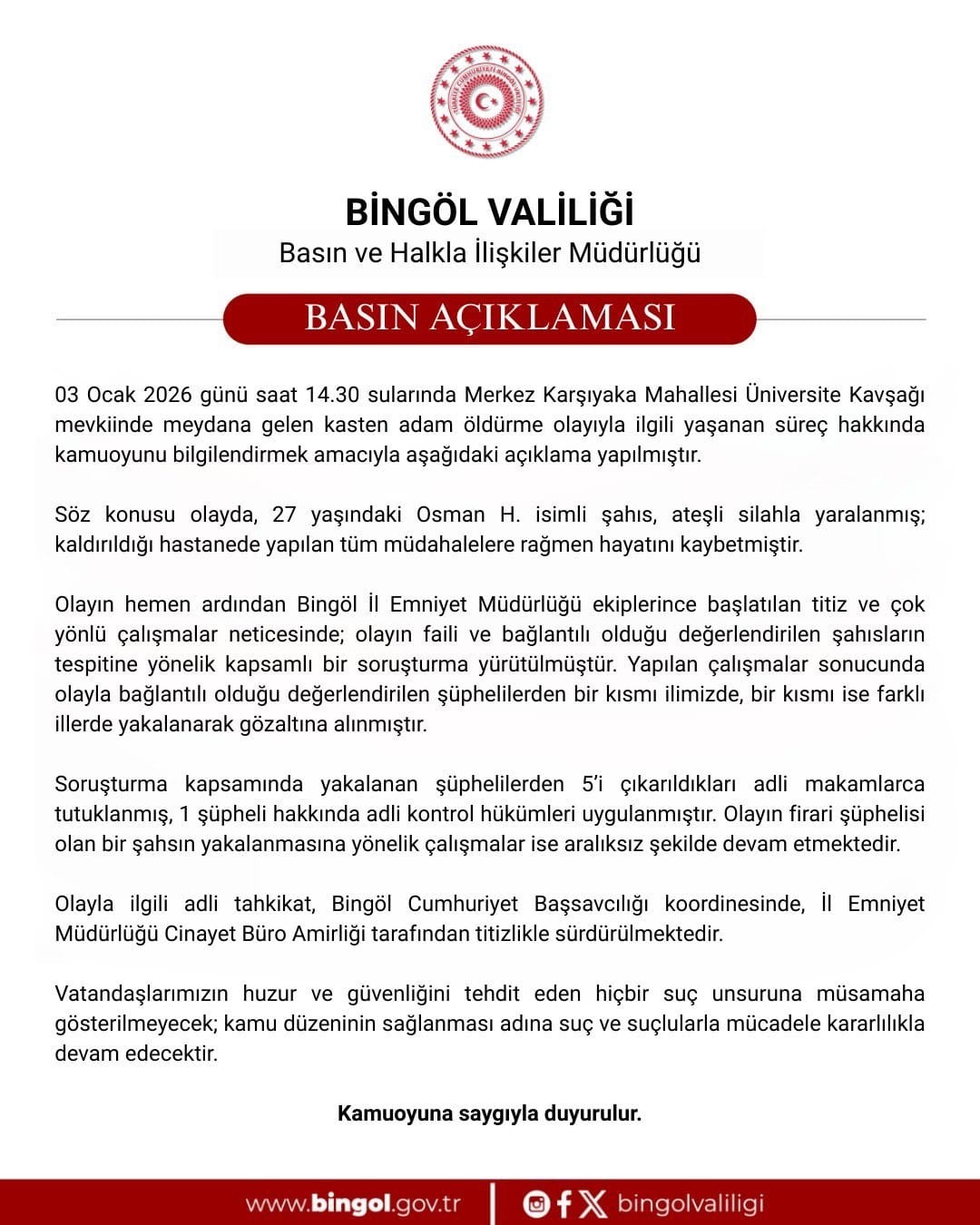 Bingöl’deki cinayette 5 tutuklama
Bingöl’deki cinayette 5 tutuklama