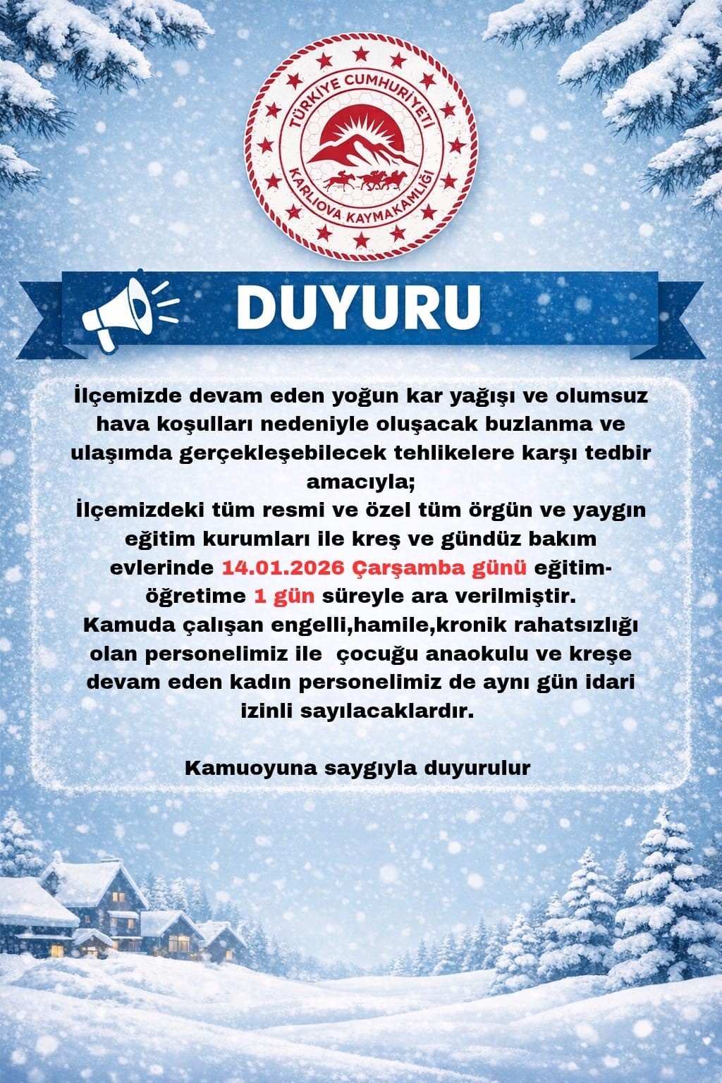 Bingöl’ün 3 ilçesinde eğitime 1 gün ara verildi
