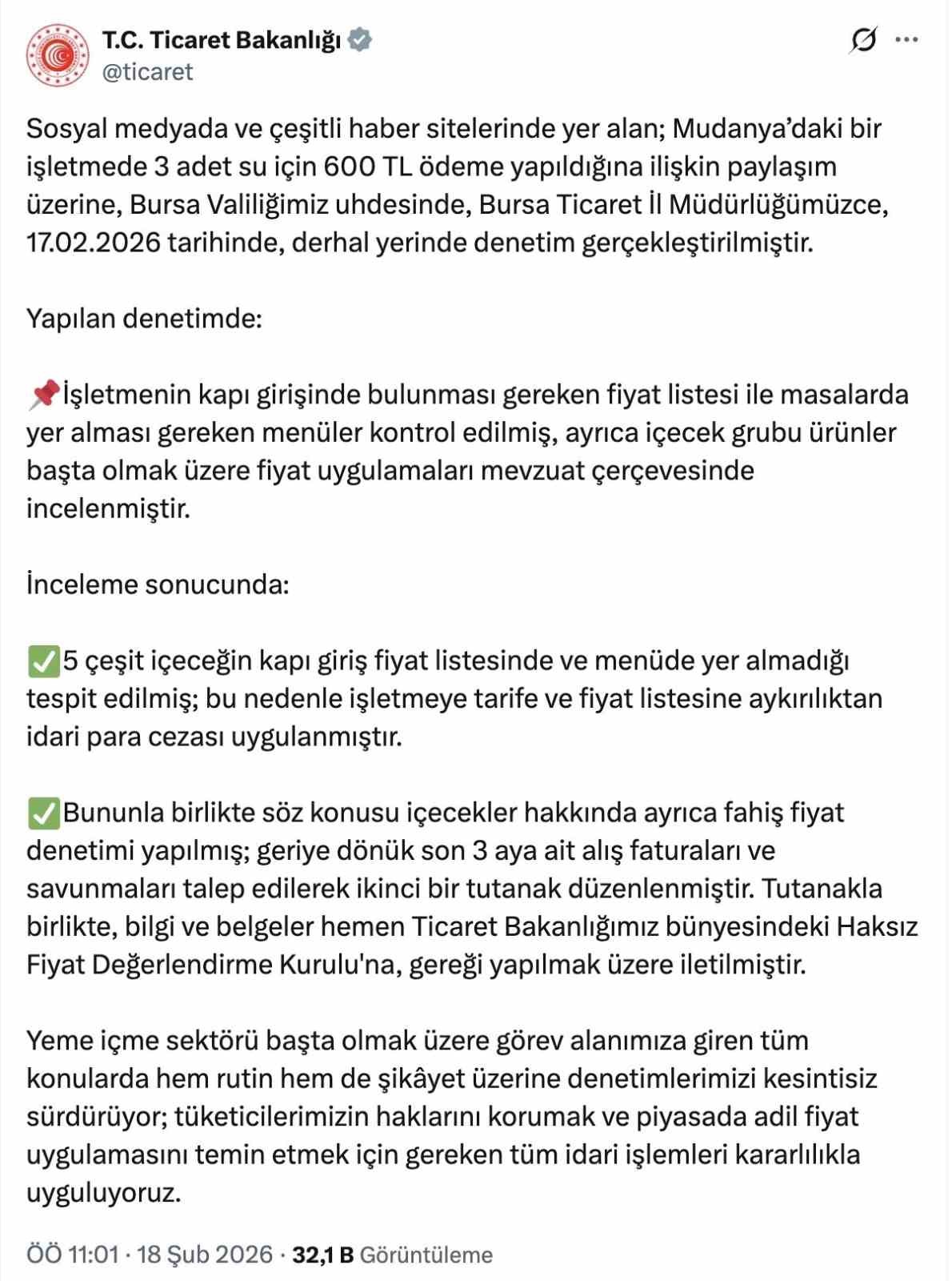 Bursa’da "3 suya 600 TL" iddiası sonrası bakanlık harekete geçti
Bursa’da "3 suya 600 TL" iddiası sonrası bakanlık harekete geçti