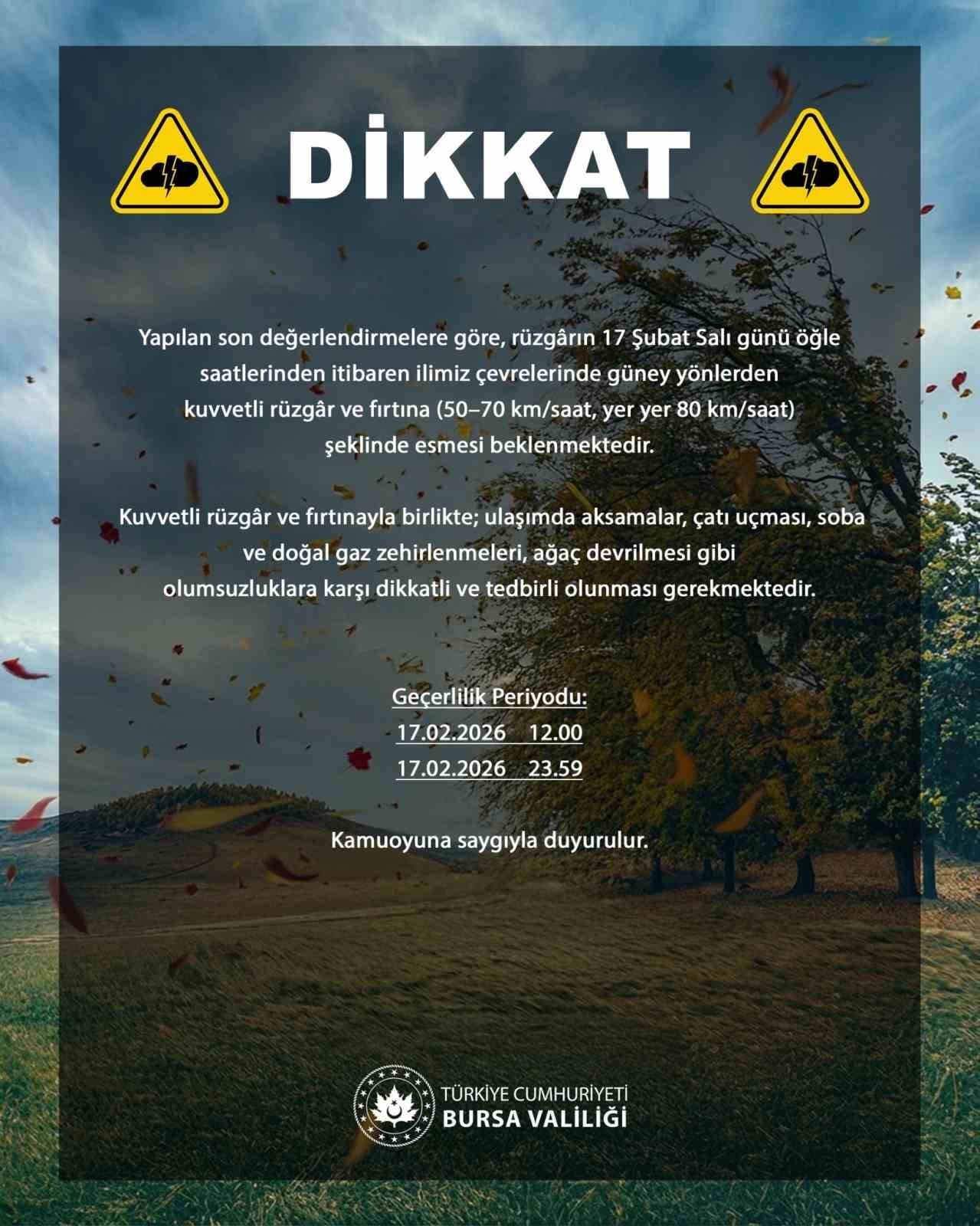 Bursa’da rüzgâr hızı 80 kilometreye çıkabilir
