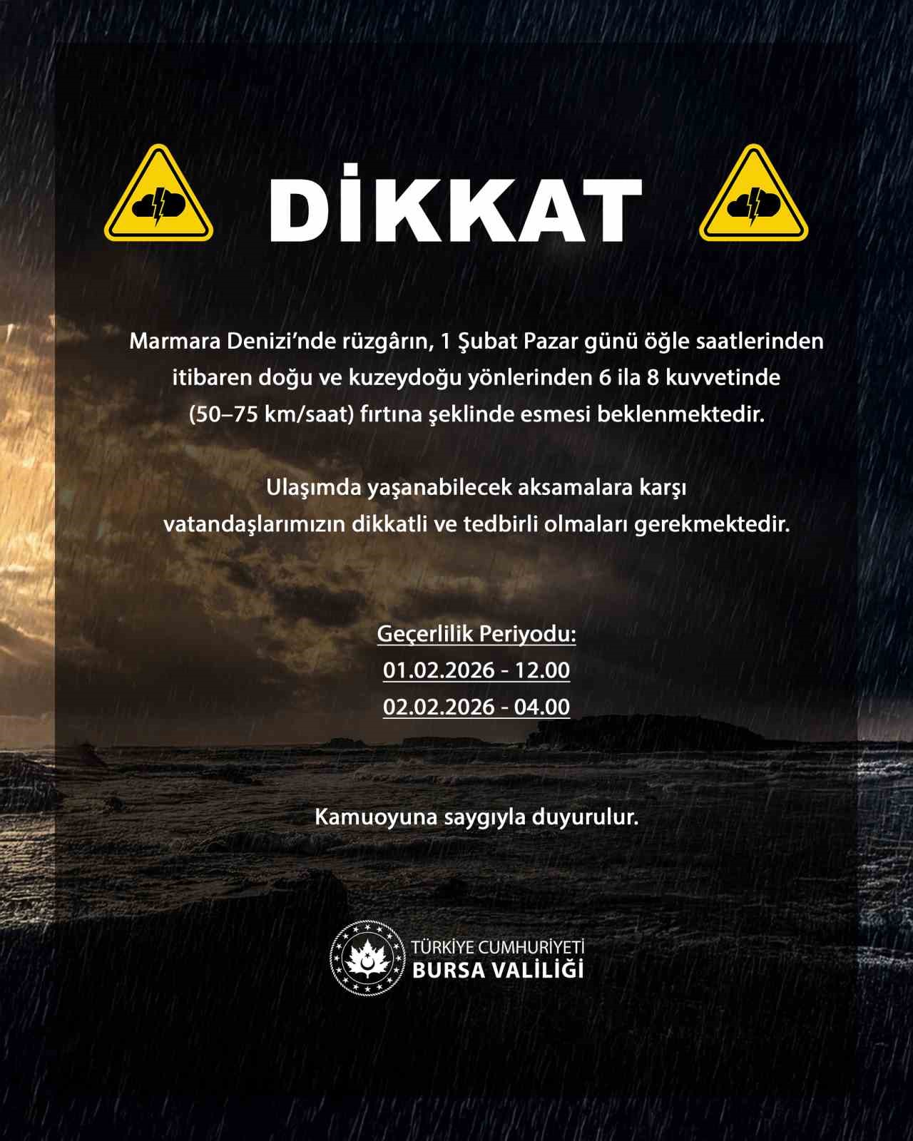 Bursa’da saatteki hızı 75 kilometreye ulaşan fırtına bekleniyor
