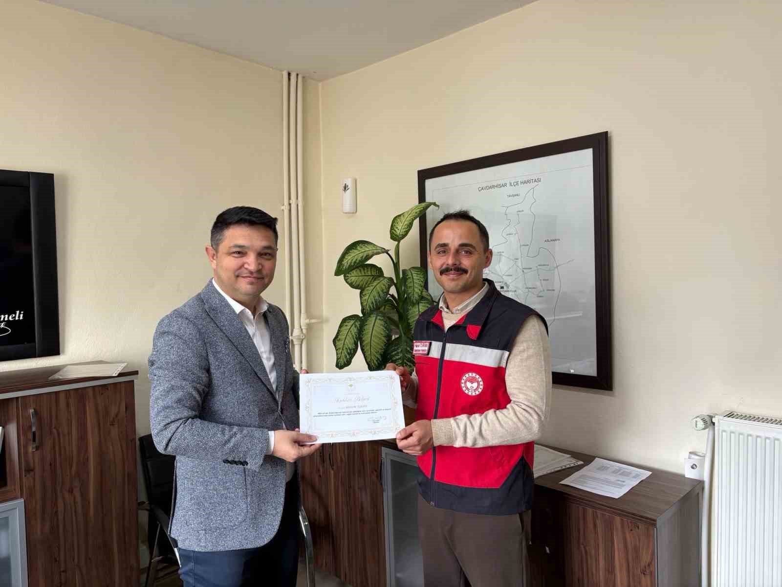 Çavdarhisar’da veteriner hekimlere teşekkür belgesi
