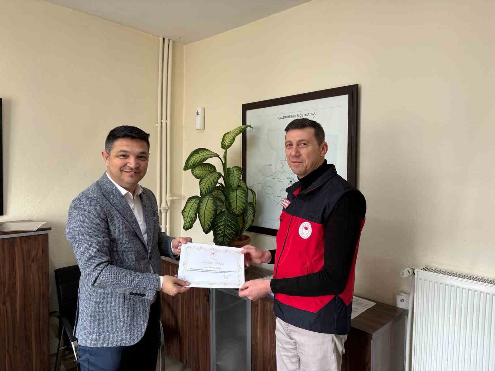 Çavdarhisar’da veteriner hekimlere teşekkür belgesi
