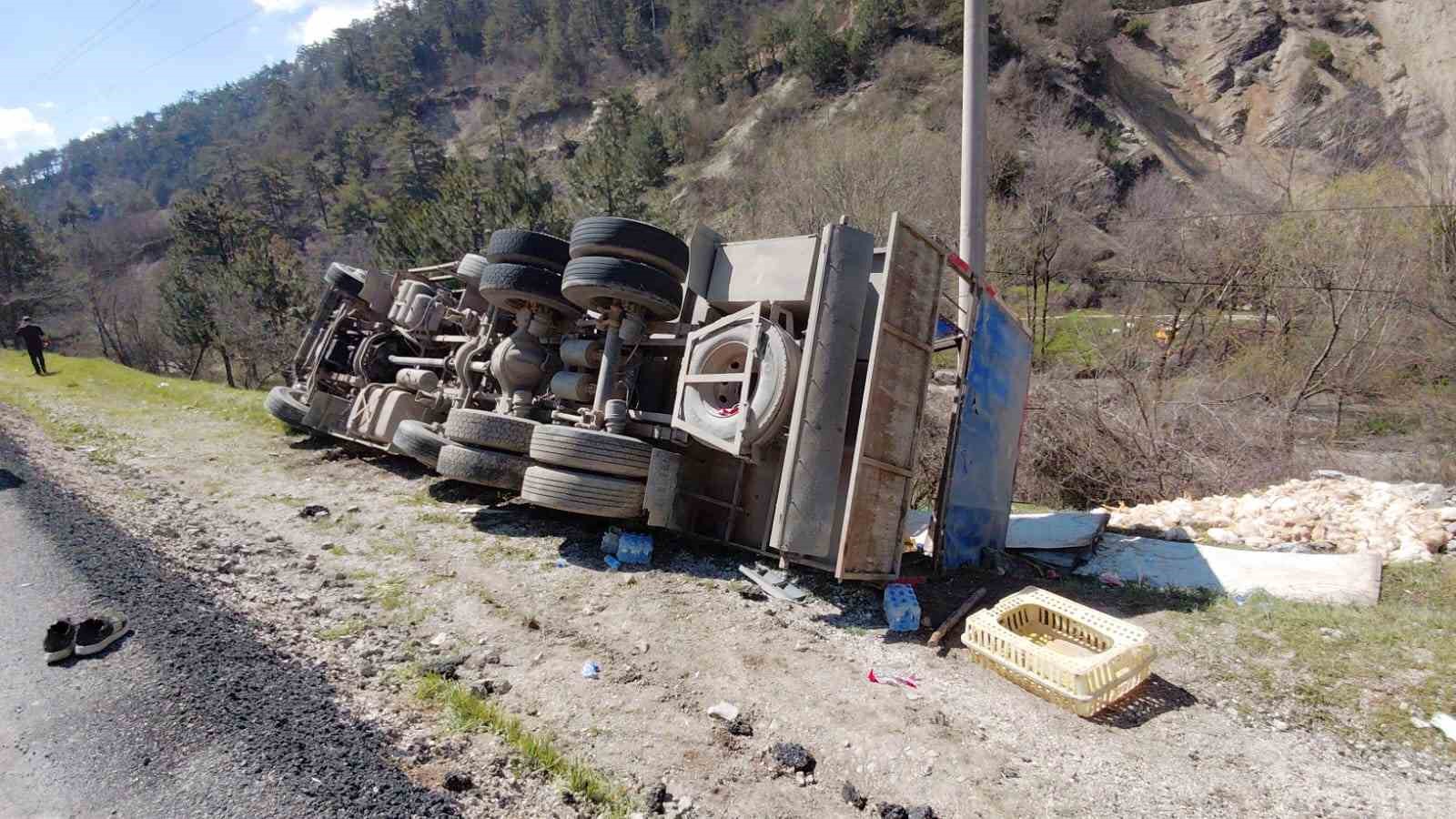 Devrilen kamyondan sürücü kurtuldu, onlarca tavuk telef oldu

