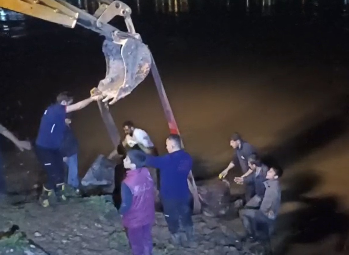 Dicle Nehri’ne düşen ineği itfaiye iş makinesiyle kurtardı
