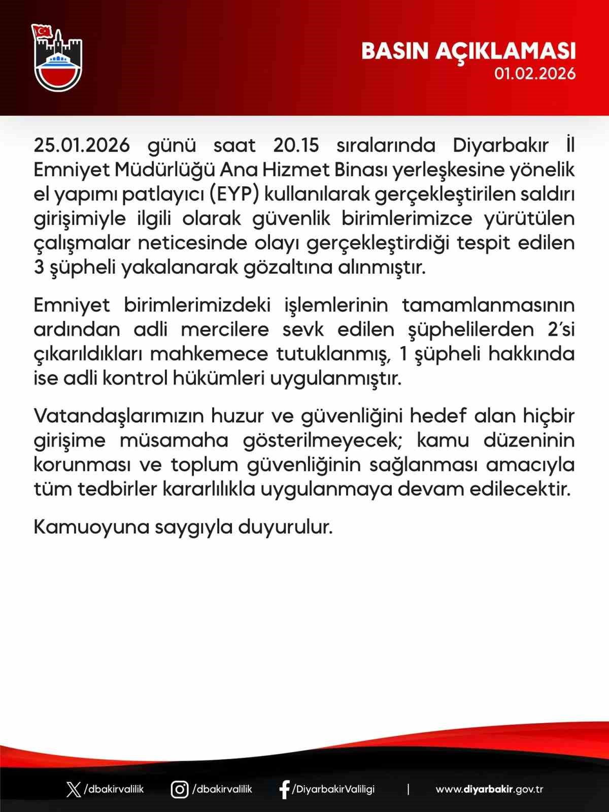 Diyarbakır Emniyet Müdürlüğüne EYP’li saldırıda 3 gözaltı
