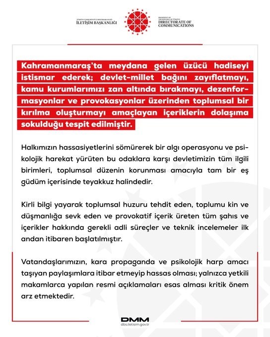 DMM: "Vatandaşlarımızın resmi açıklamaları esas alması kritik önem arz etmektedir"
DMM: "Vatandaşlarımızın resmi açıklamaları esas alması kritik önem arz etmektedir"