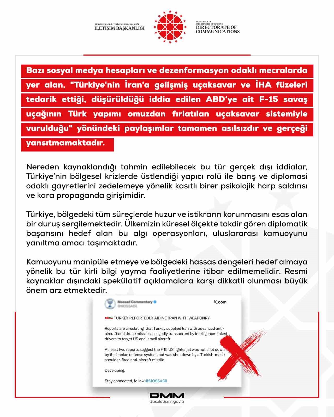 DMM’den ABD’nin F-15 savaş uçağının Türk yapımı omuzdan fırlatılan uçaksavar sistemiyle vurulduğu iddialarına yalanma
