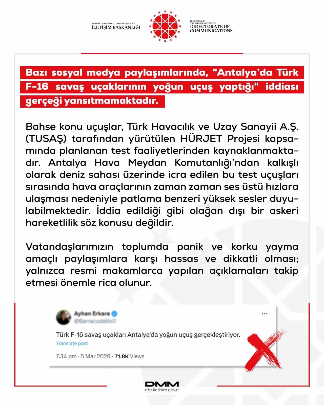 DMM’den "Antalya’da Türk F-16 savaş uçaklarının yoğun uçuş yaptığı" iddiasına yalanlama

