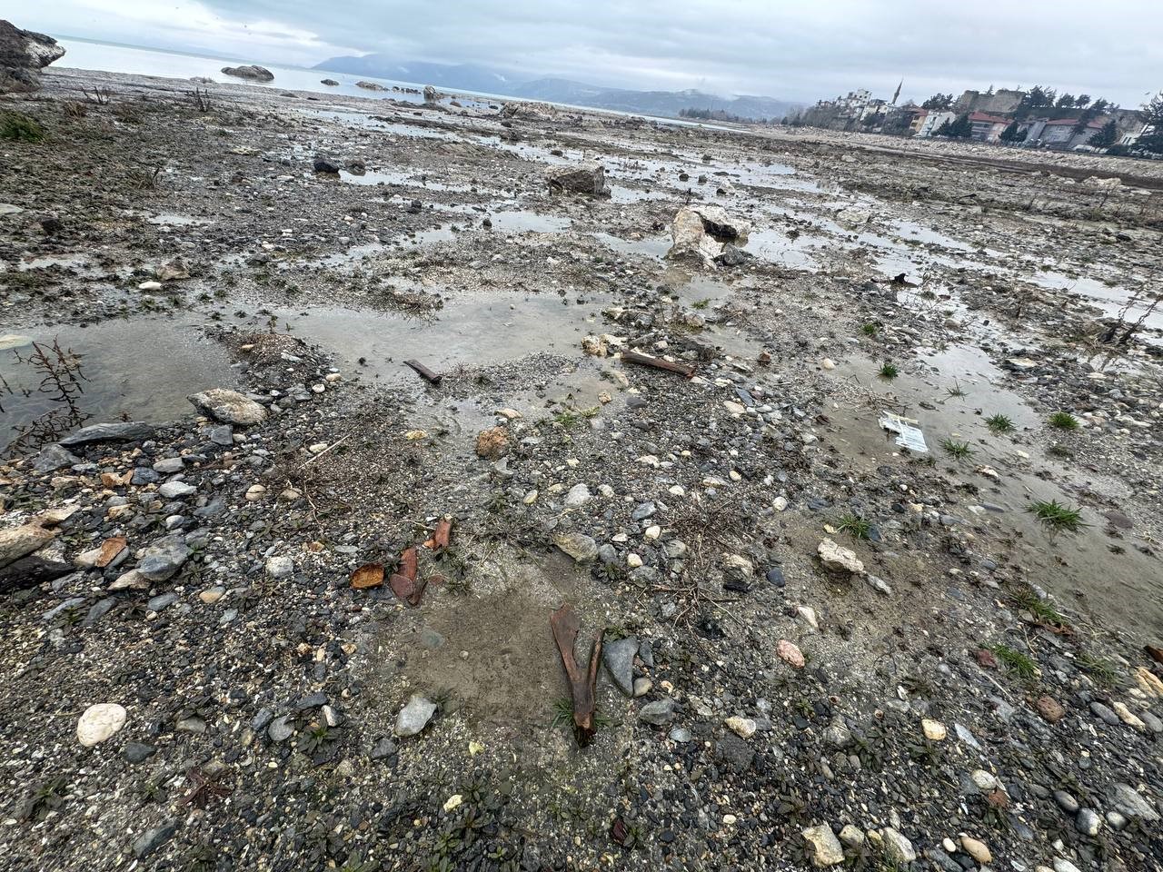 Eğirdir Gölü kıyısında bulunan kemiklerin hayvana ait olduğu değerlendiriliyor
