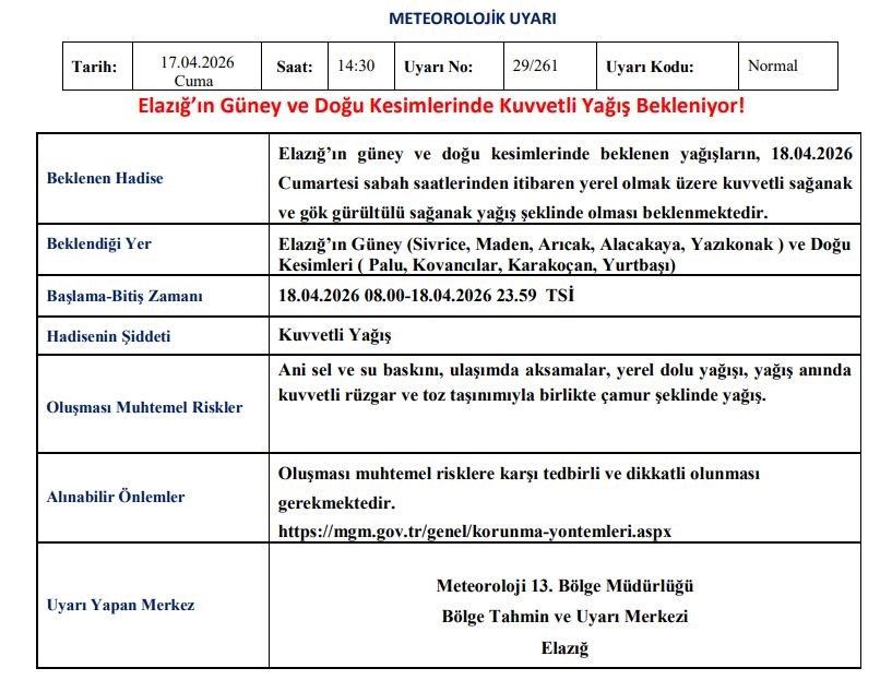 Elazığ için kuvvetli yağış uyarısı
