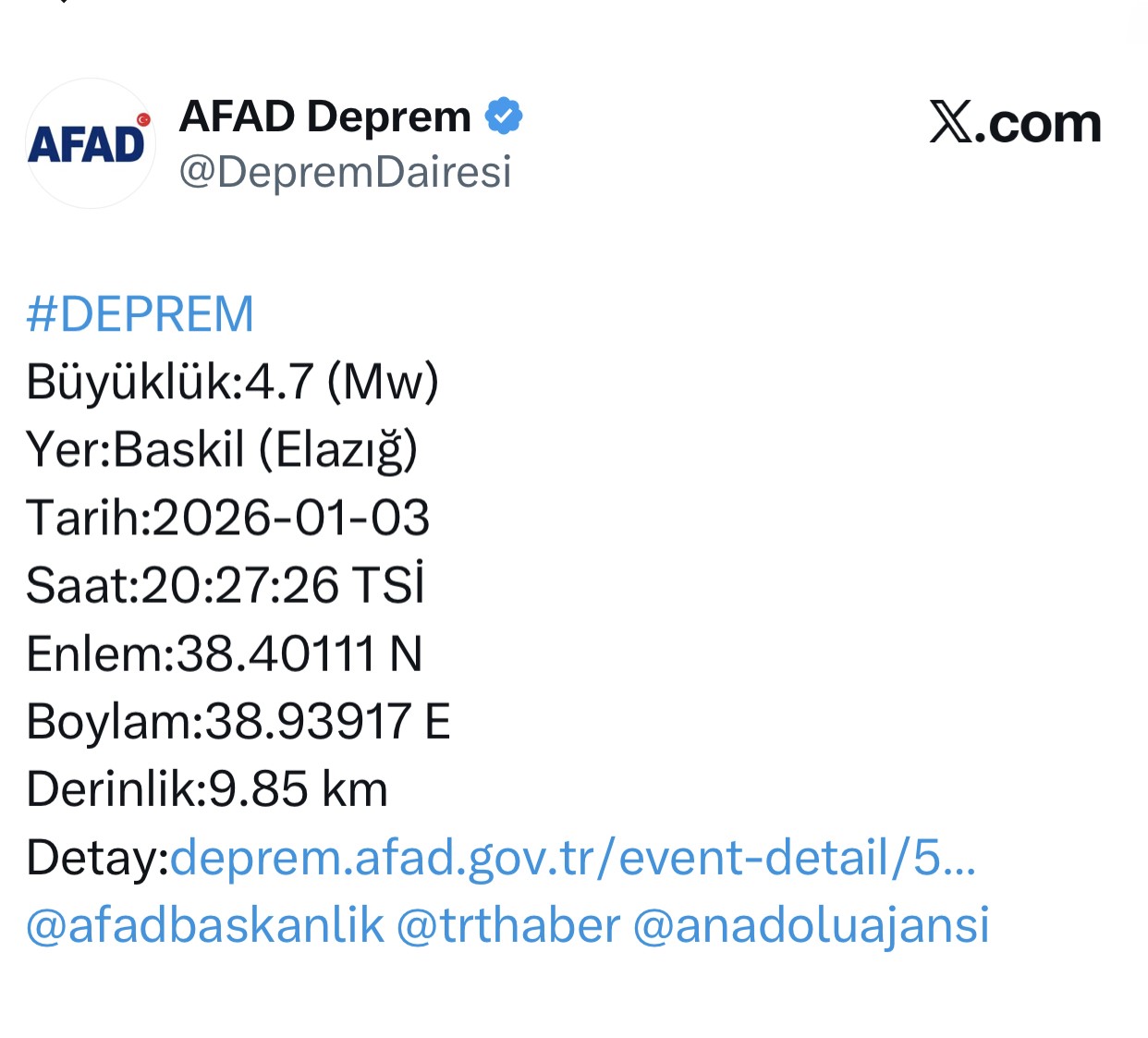Elazığ’da 4.7 büyüklüğünde deprem
