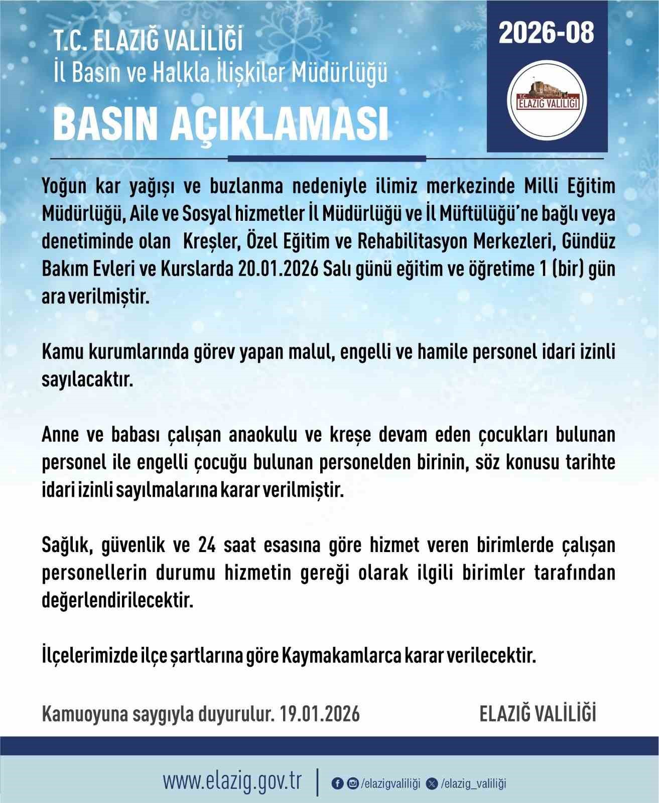 Elazığ’da rehabilitasyon ve bakımevi kurslarına 1 gün daha kar tatili
