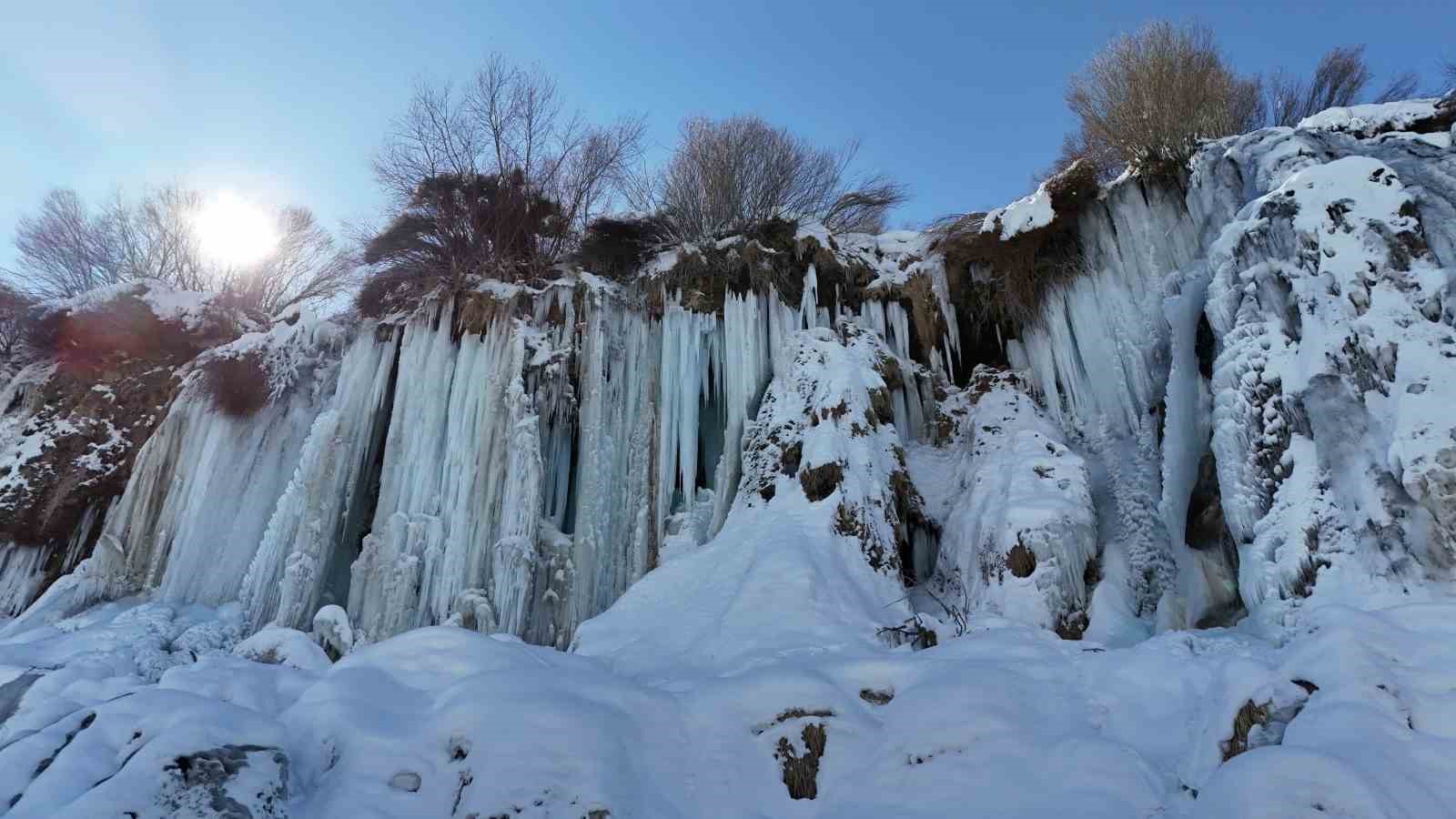 Erzincan’da doğa dondu, Girlevik Şelalesi buz kesti
