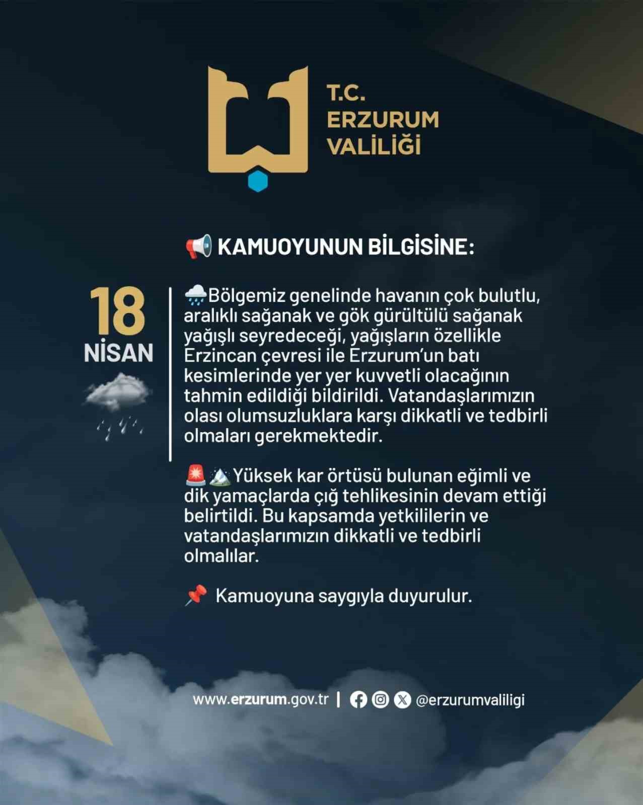 Erzurum Valiliğinden kuvvetli yağış uyarısı
