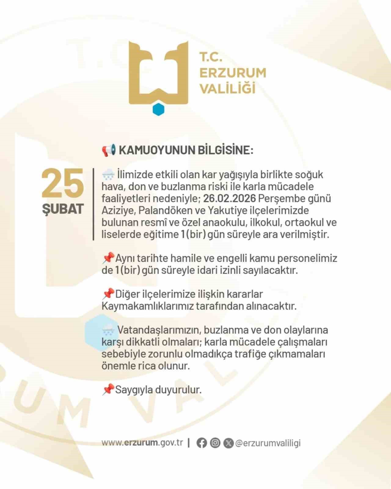 Erzurum’da okullara bir gün kar tatili
