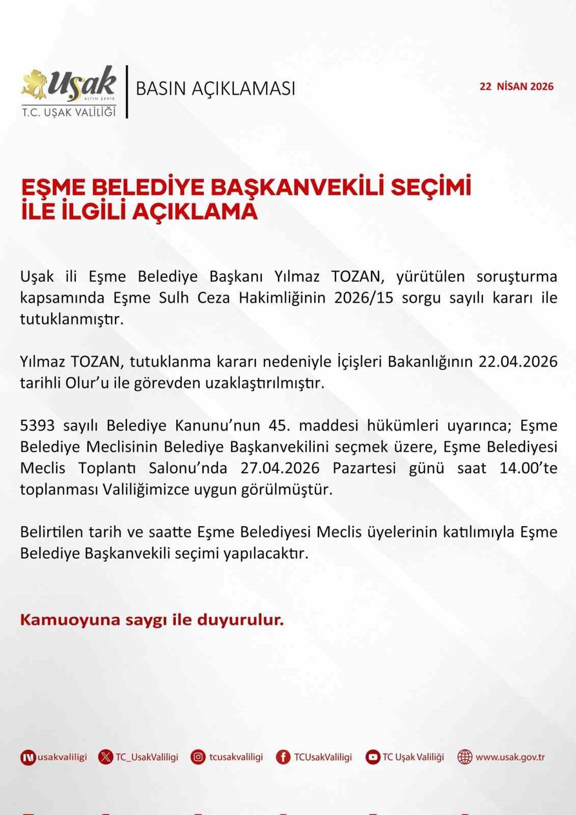 Eşme Belediye Başkanvekili 27 Nisan’da belirlenecek
