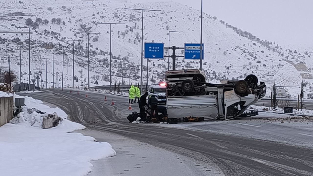Gercüş’te meyve yüklü kamyonet devrildi, meyveleri sürücünün yardımına koşanlar topladı
