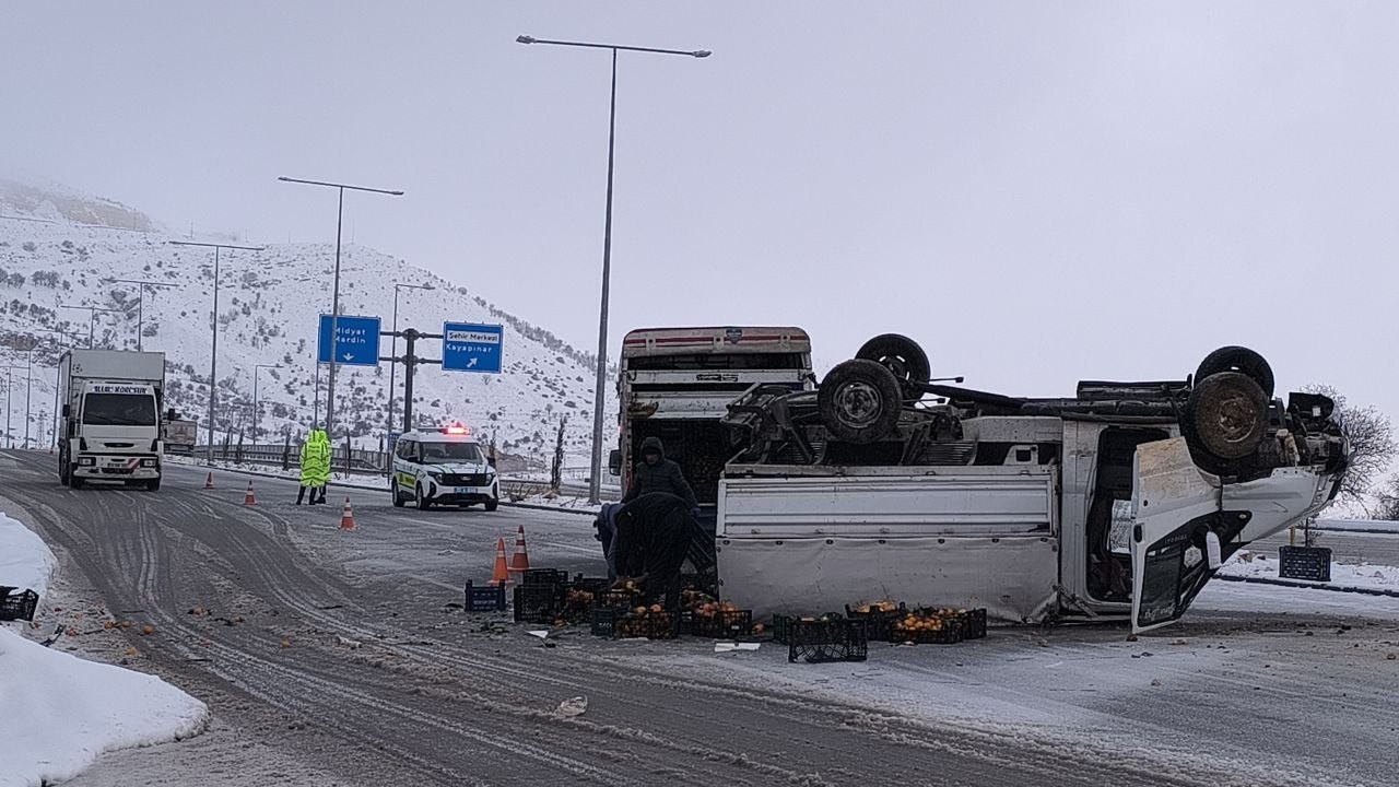 Gercüş’te meyve yüklü kamyonet devrildi, meyveleri sürücünün yardımına koşanlar topladı
