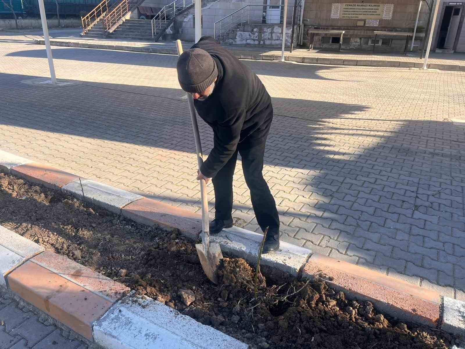 Gönüllü olarak cami önündeki çiçeklerin bakımını yapıyor
