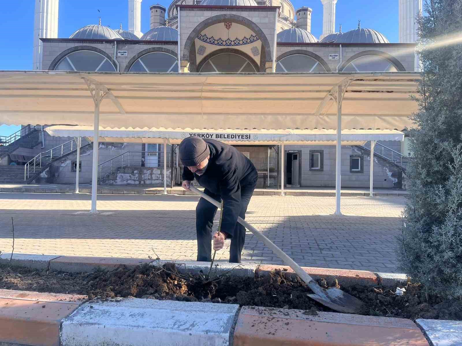 Gönüllü olarak cami önündeki çiçeklerin bakımını yapıyor
