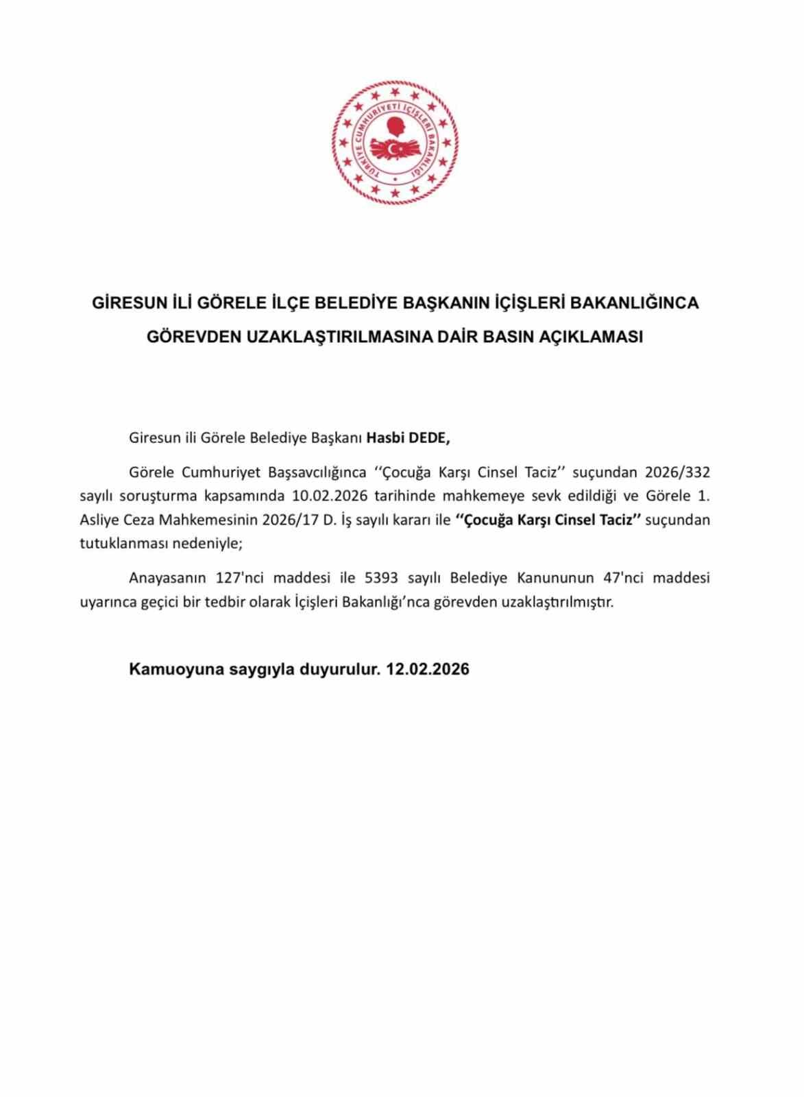 Görele Belediye Başkanı Dede, İçişleri Bakanlığınca görevden uzaklaştırıldı
