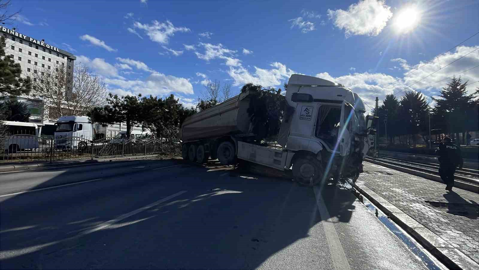 Görenleri pes dedirten kazada tır ağaçları ezip karşı şeritte durabildi
