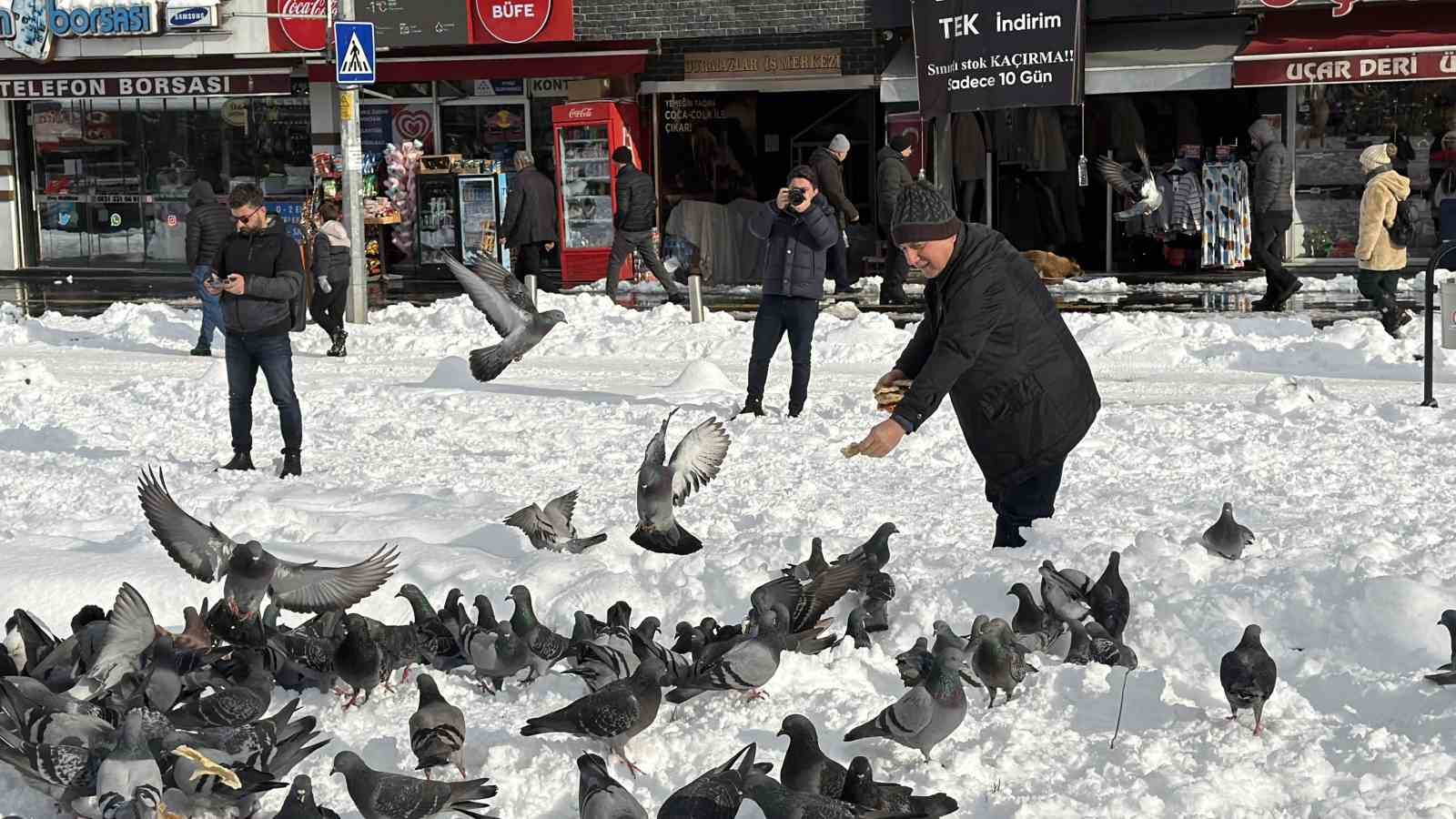 Güvercinleri yemleyen vatandaş yürekleri ısıttı
