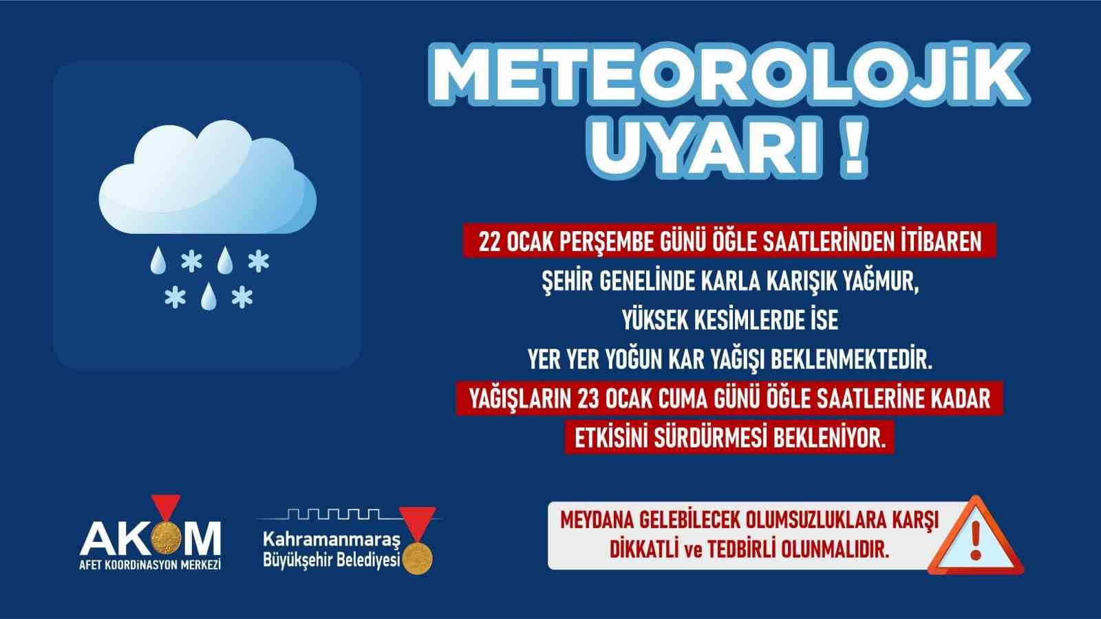Kahramanmaraş genelinde 22 Ocak’ta kar yağışı bekleniyor
