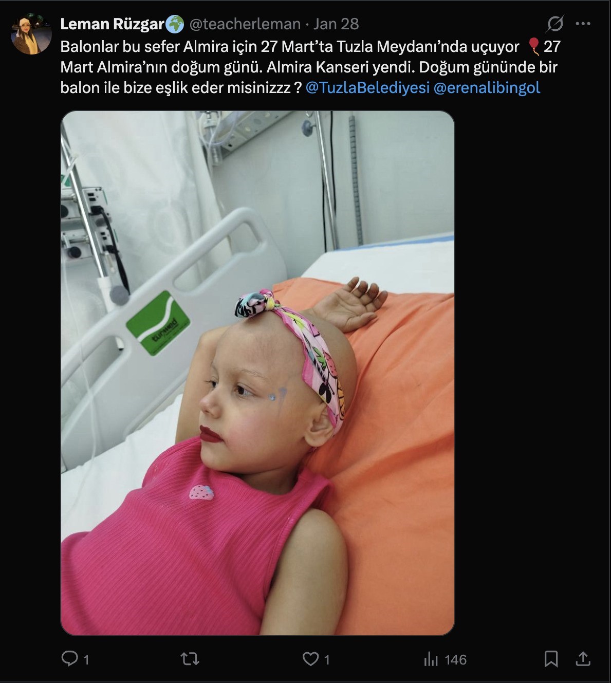 Kanseri yenen Almira için Tuzla’da 22 Mart’ta gökyüzü balonlarla donatılacak
