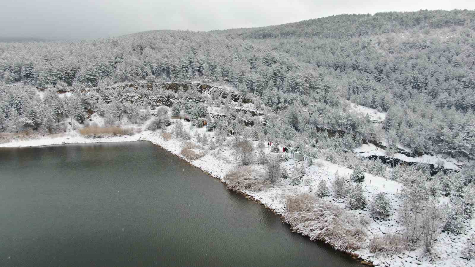Karla kaplı orman içerisindeki gölet, kış manzarasıyla mest ediyor
