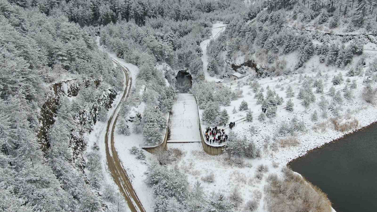 Karla kaplı orman içerisindeki gölet, kış manzarasıyla mest ediyor
