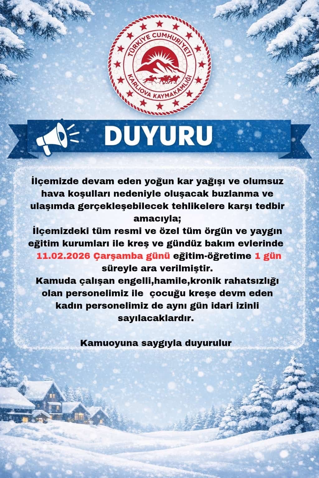 Karlıova’da eğitime 1 gün ara
