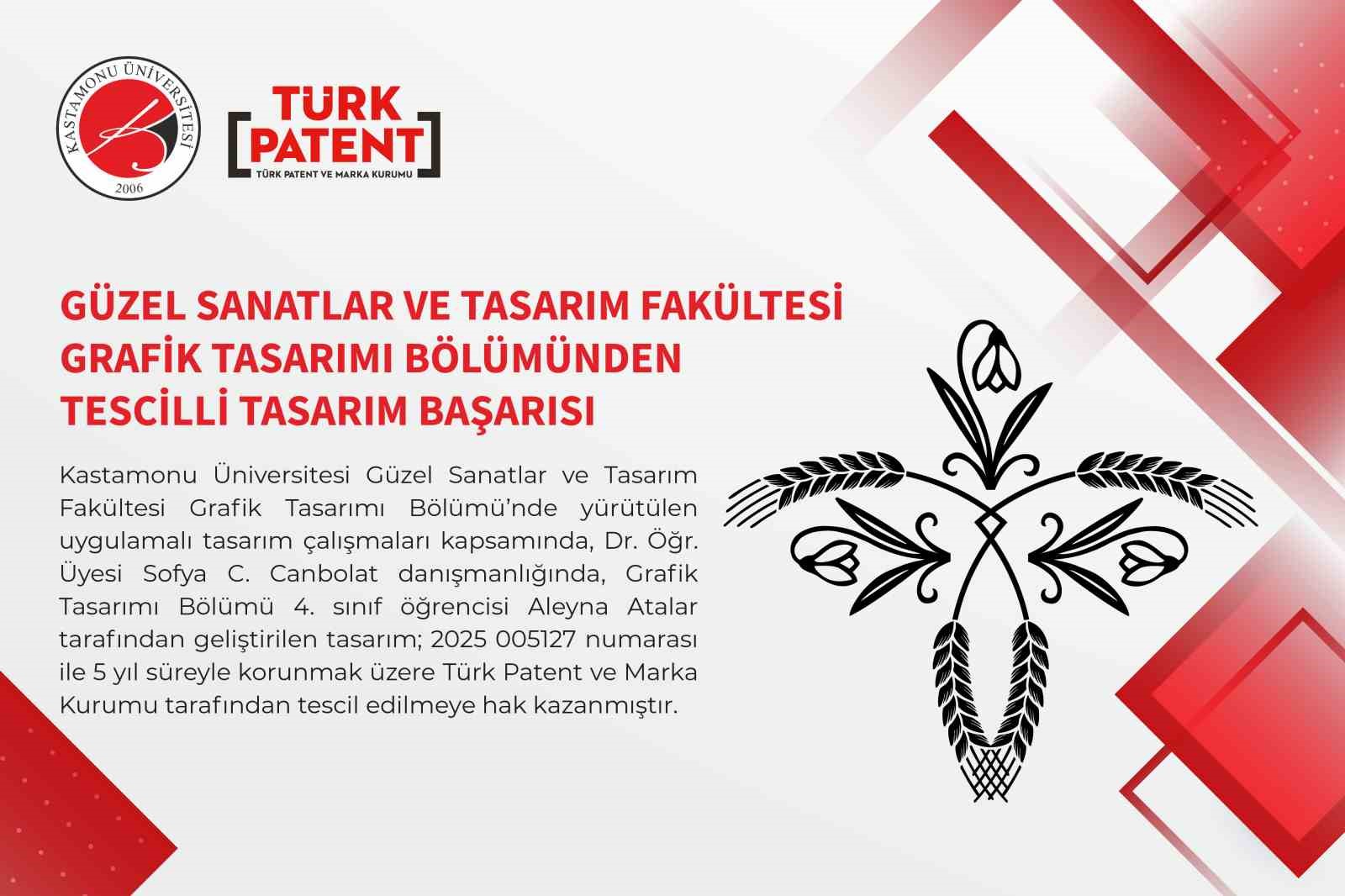Kastamonu Üniversitesi’nde tasarlanan desene tescil belgesi
Kastamonu Üniversitesi’nde tasarlanan desene tescil belgesi