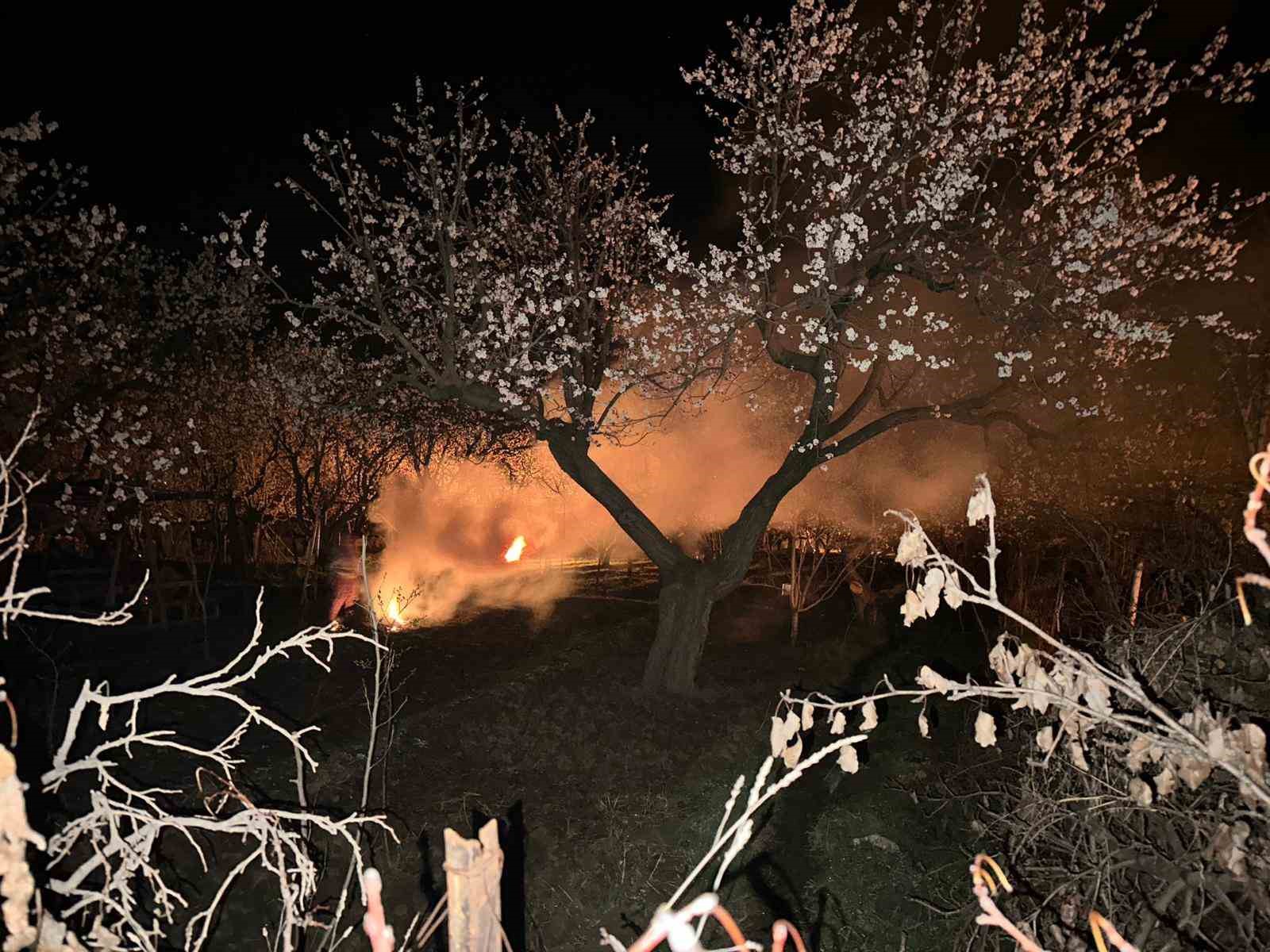 Kayısı bahçelerini ateş ve dumanla donmaya karşı koruyorlar
