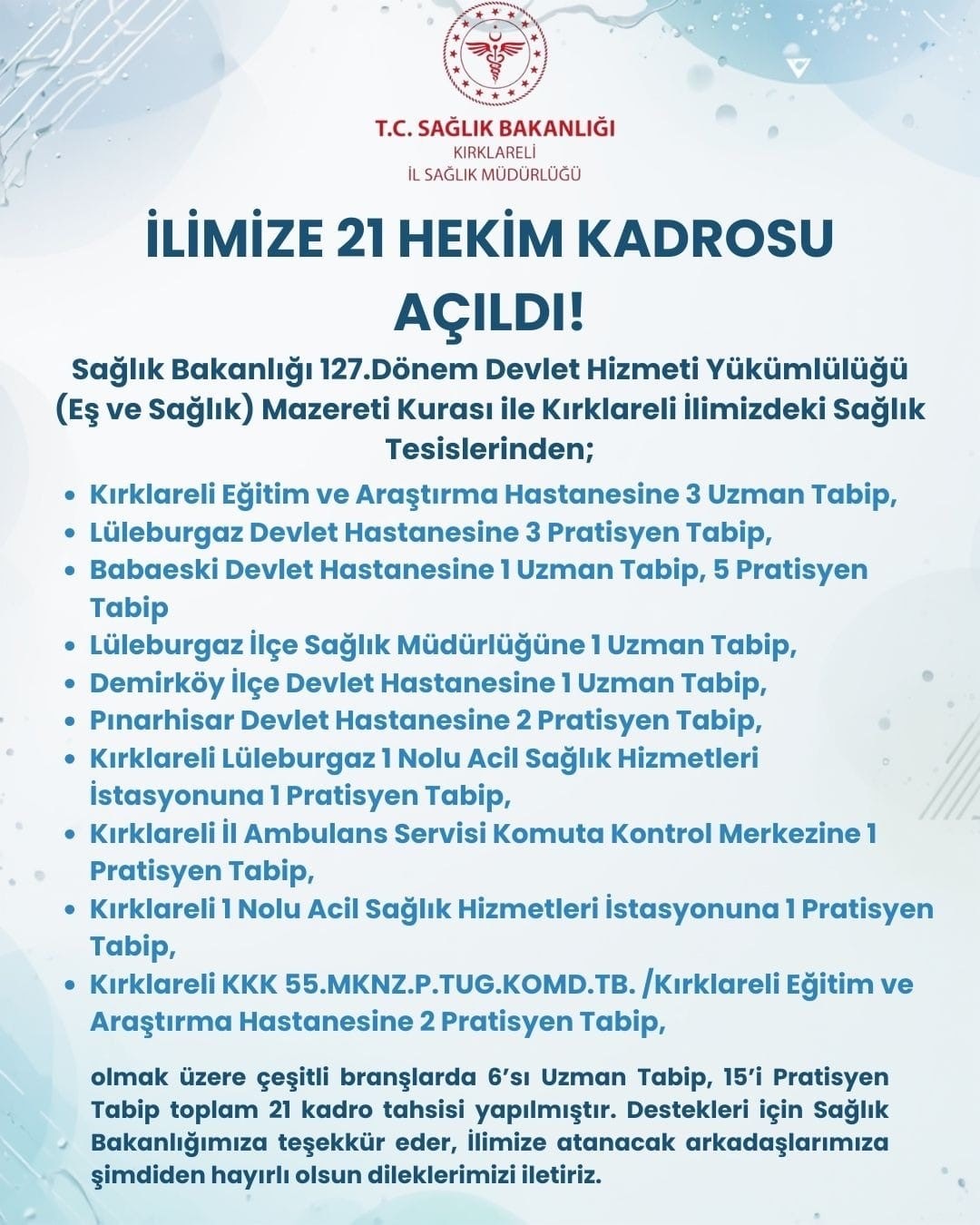 Kırklareli’ne 21 hekim kadrosu tahsis edildi
Kırklareli’ne 21 hekim kadrosu tahsis edildi