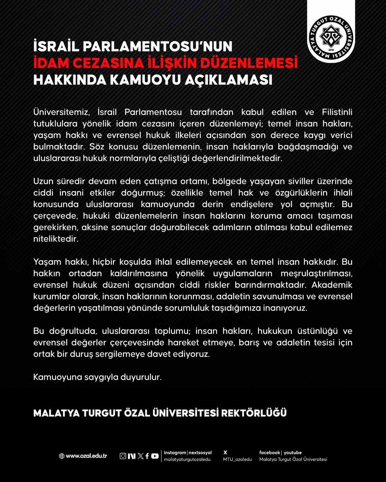 Malatya’da iki üniversiteden İsrail Parlamentosu’nun düzenlemesine tepki
Malatya’da iki üniversiteden İsrail Parlamentosu’nun düzenlemesine tepki