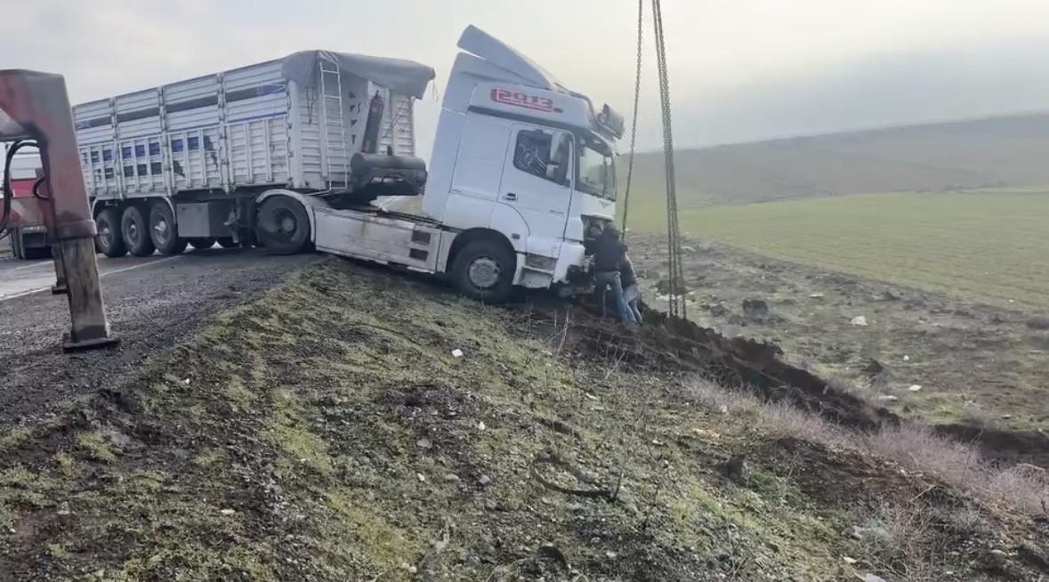 Mardin’de kontrolden çıkan tır yol kenarına savruldu
